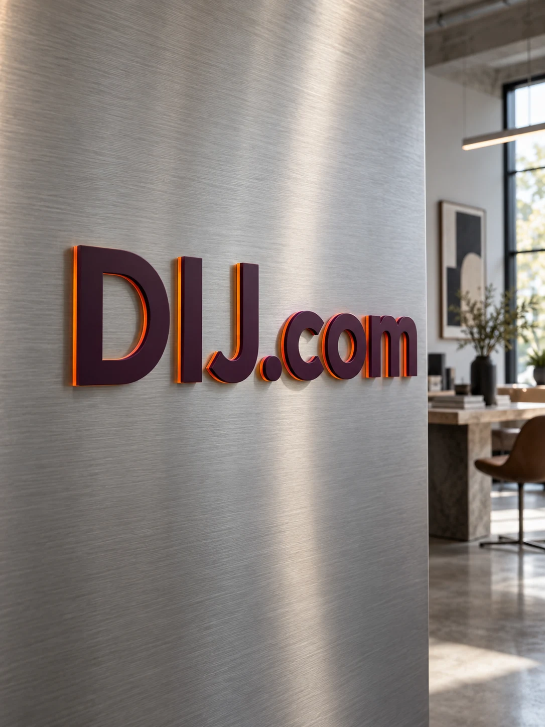 DIJ.com lettering on brushed architectural metal